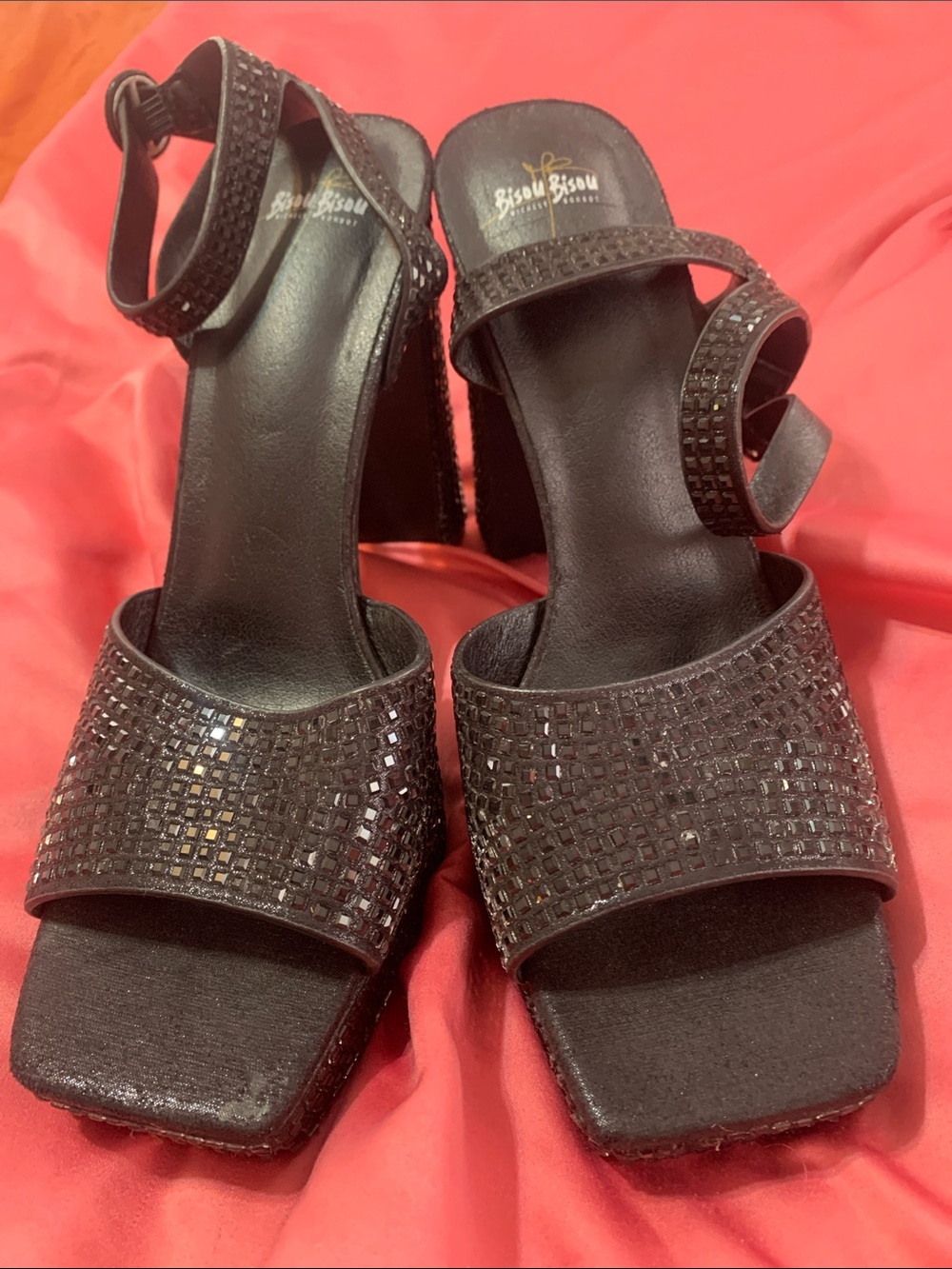 Bisou Bisou Black Sparkle Block Heel Sandals